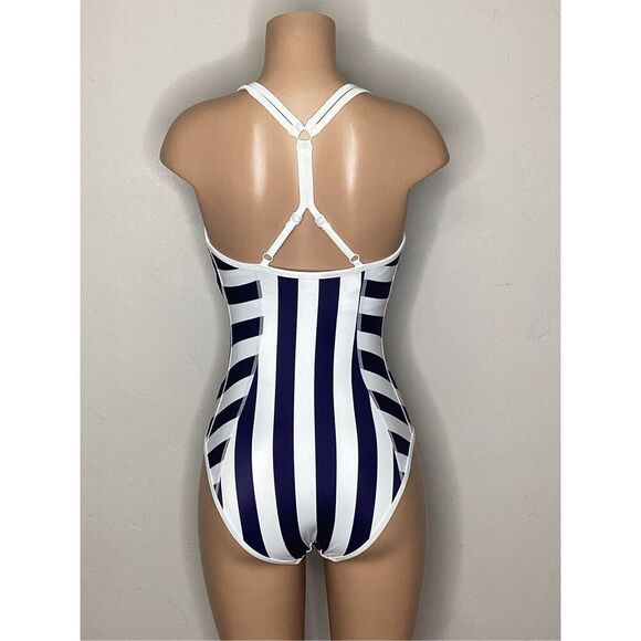 New. Tommy Bahama navy and white stripe active swimsuit. 4. Retails $155 - Picture 6 of 10
